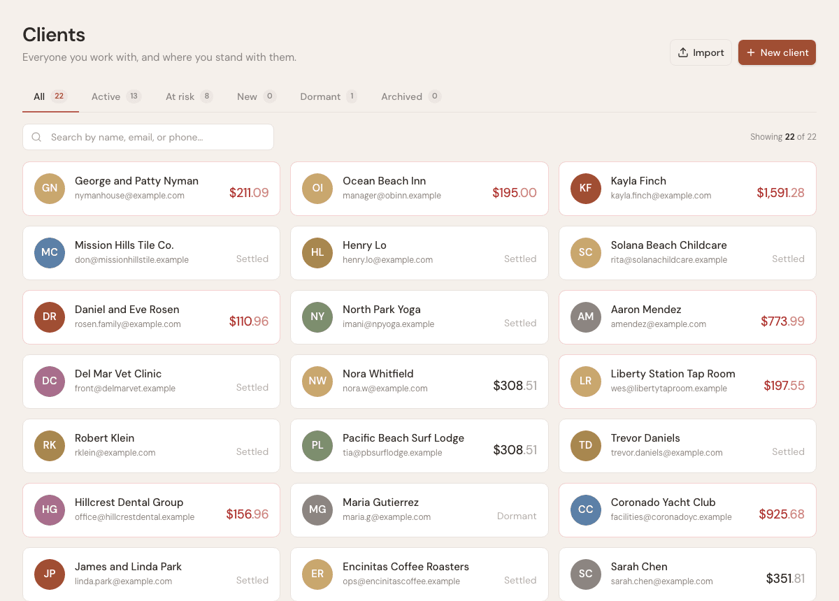 Client list with search, client rows, and recent billing details