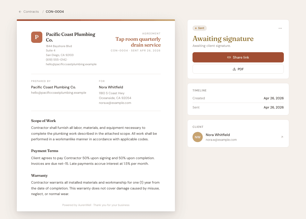 Contract detail page with awaiting signature status and share link action