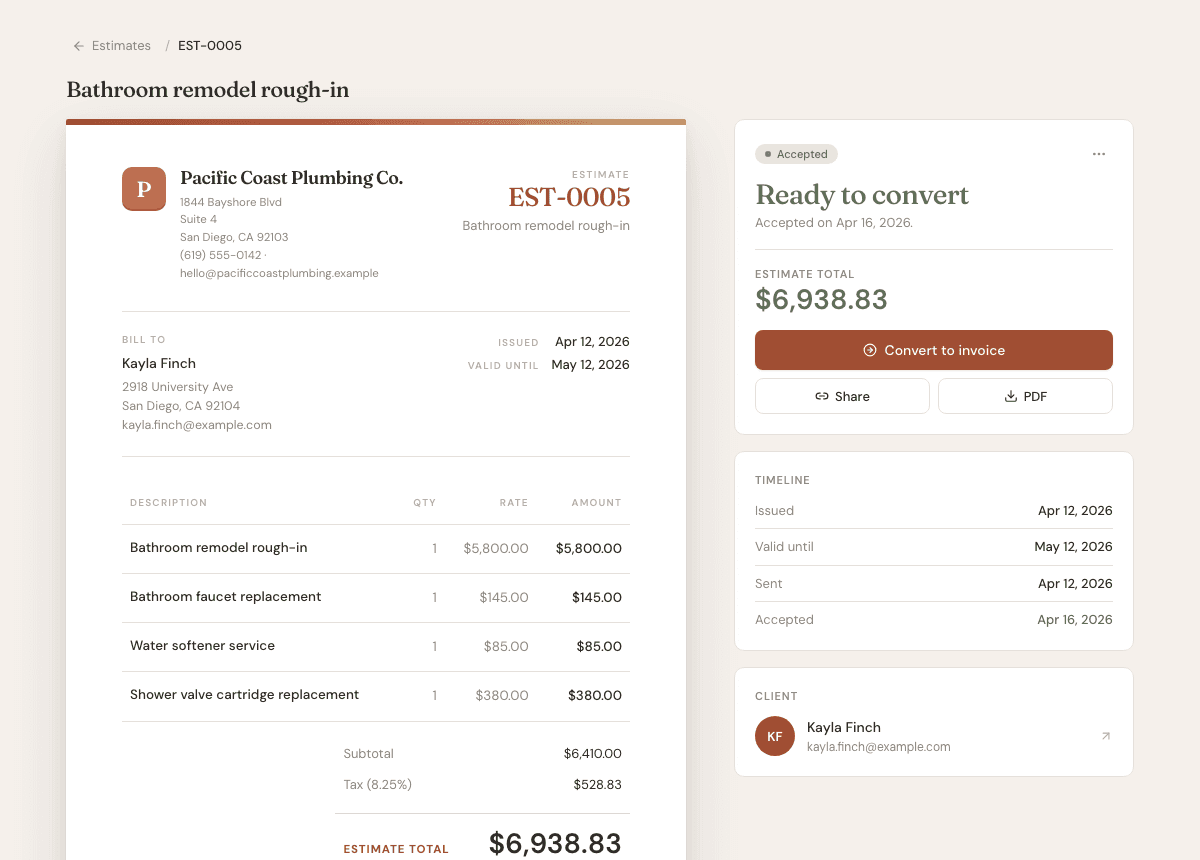 Accepted estimate detail page with Ready to convert status and Convert to invoice action