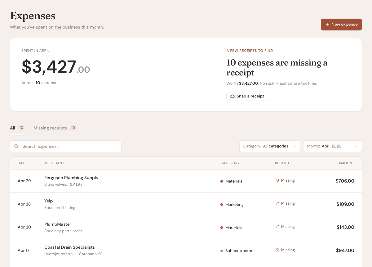 Expenses page with category totals and expense rows