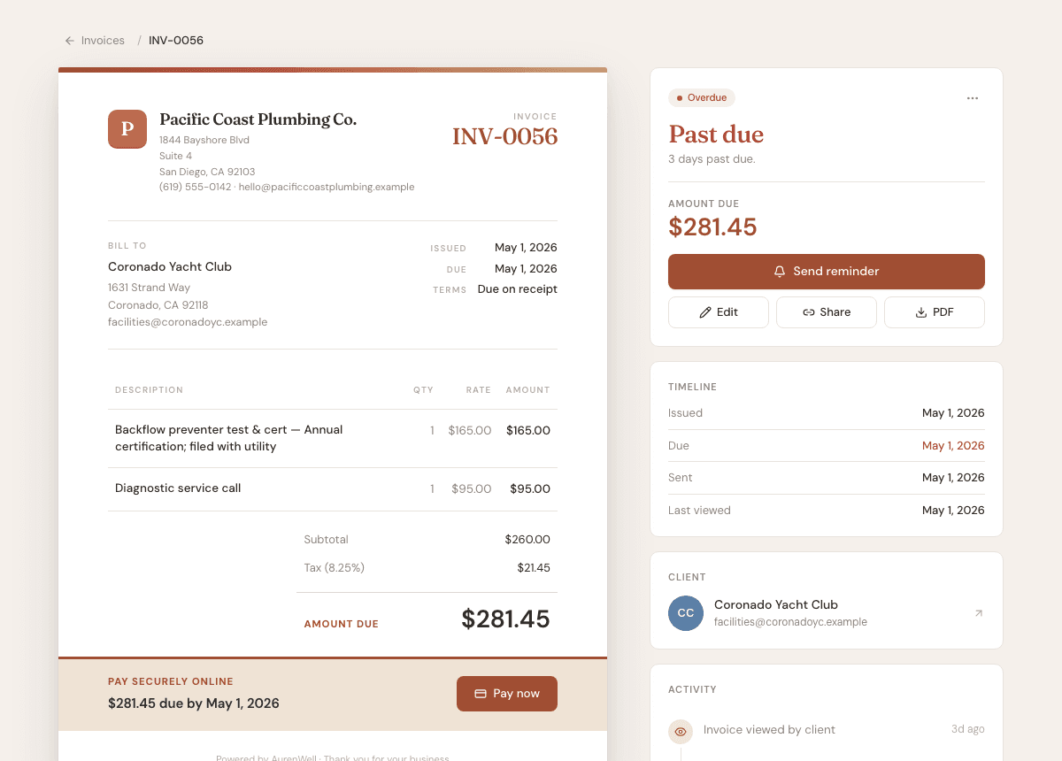 Past-due invoice detail page with amount due, Send reminder, share, PDF, and activity