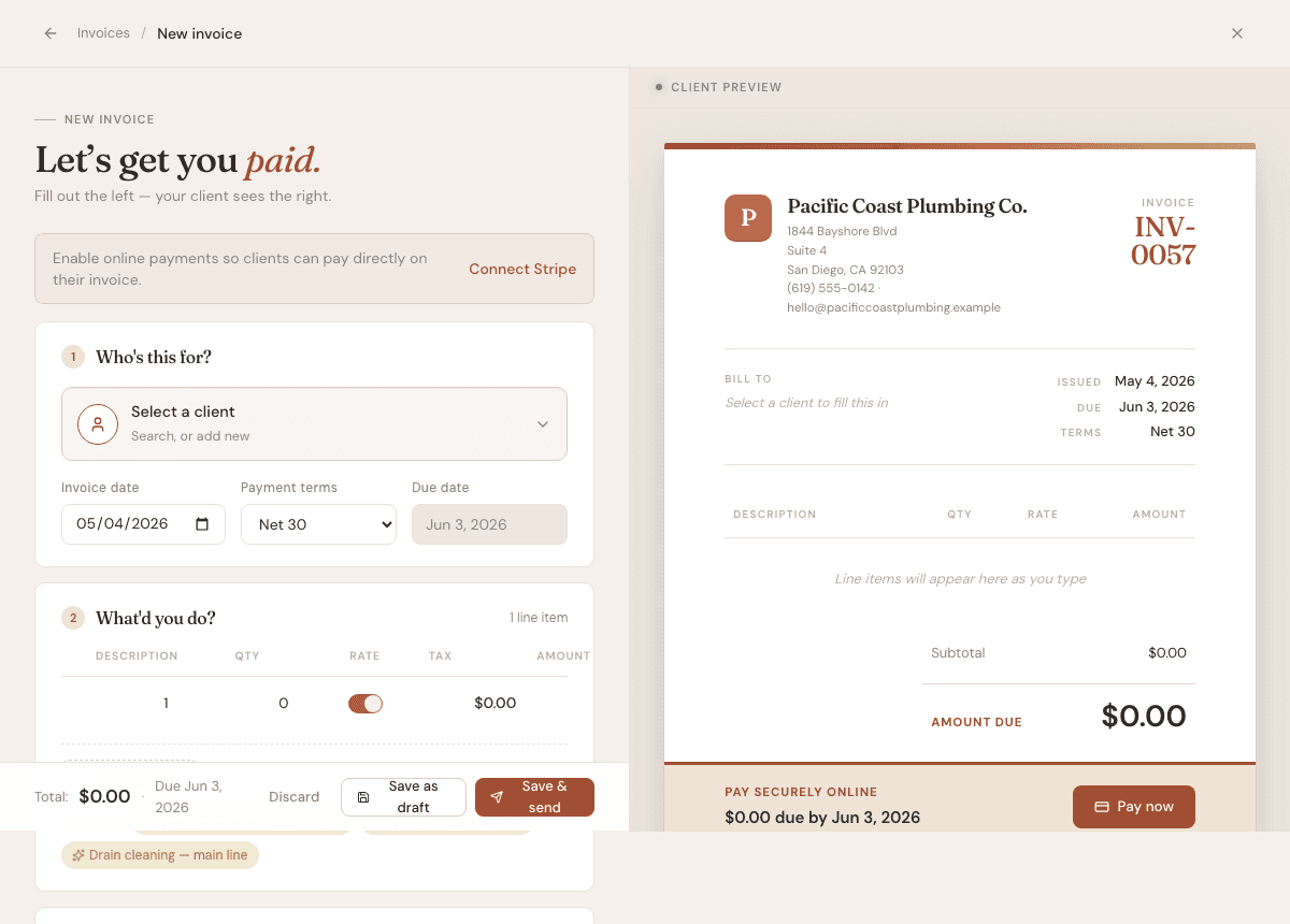New invoice builder with client picker, line items, due date, and live client preview