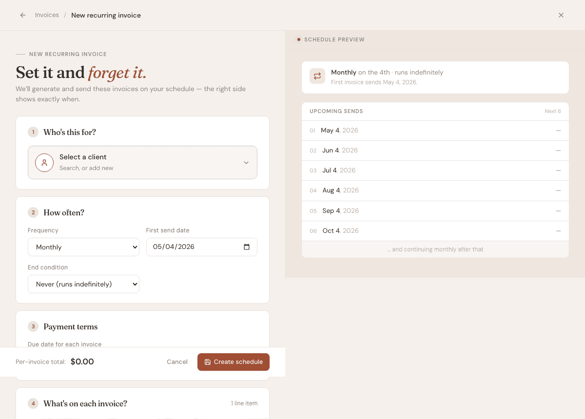 New recurring invoice form with frequency, first send date, end condition, upcoming sends, and Create schedule action