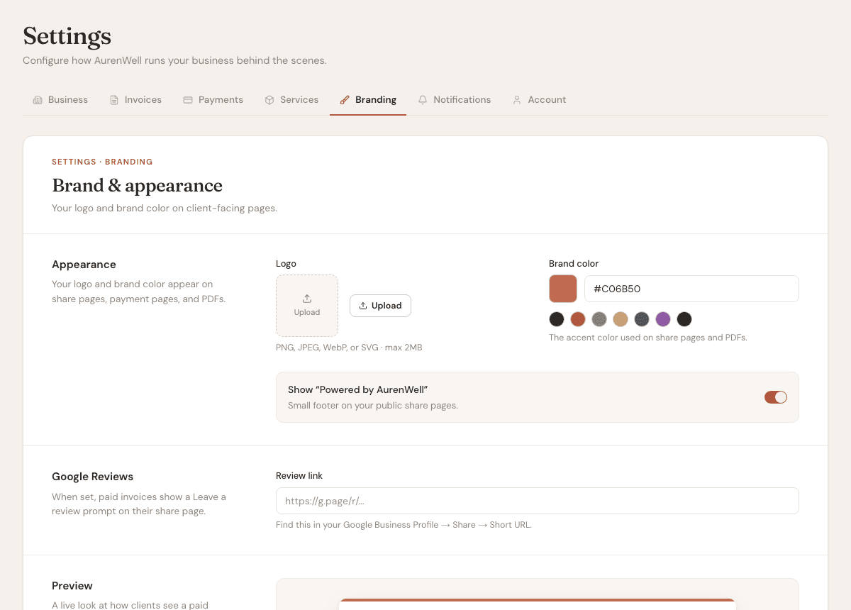 Branding settings page with logo, brand color, and preview controls