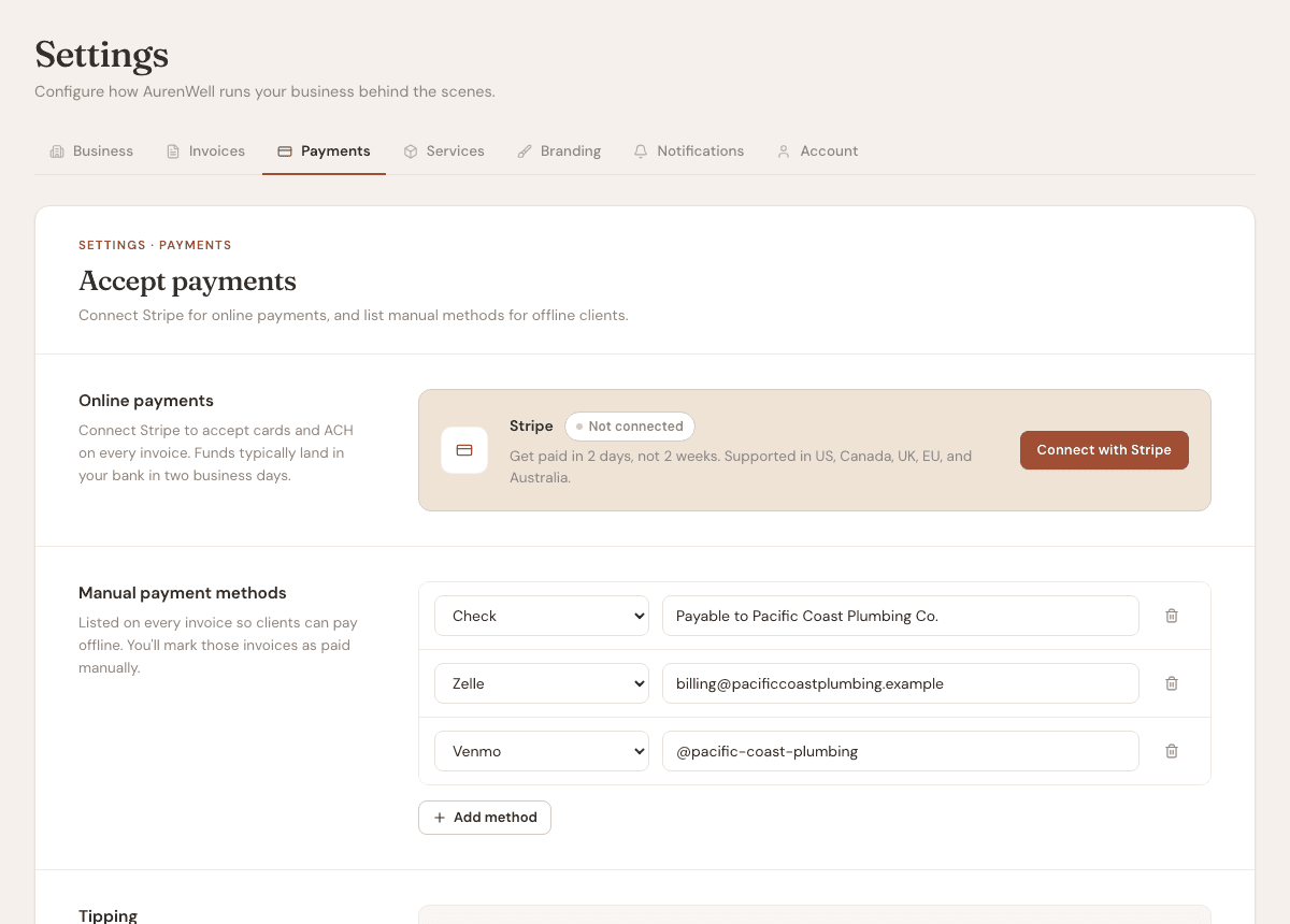 Payments settings page with Stripe connection, manual payment methods, and tipping controls